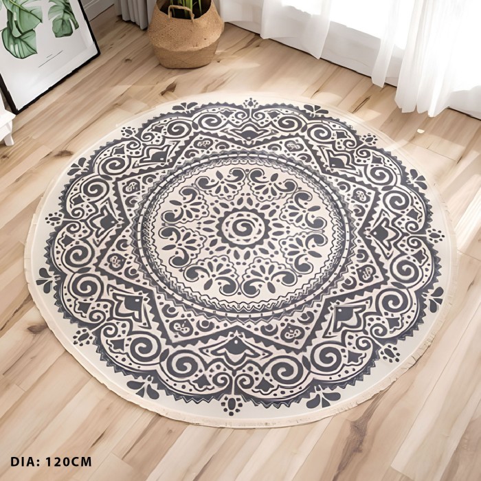 Boho Round Rug Cotton Woven Print Tassels Throw Rugs