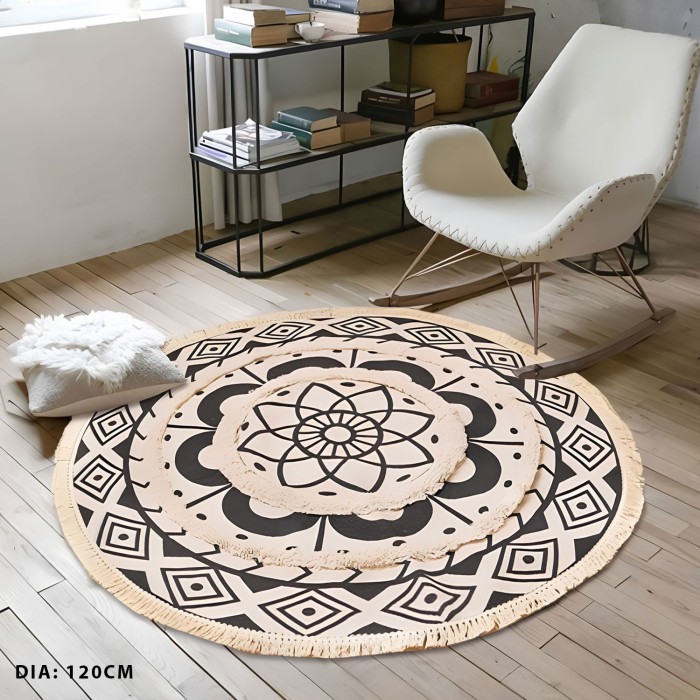 Boho Round Tufted Rug Woven Print Tassels Throw Rugs