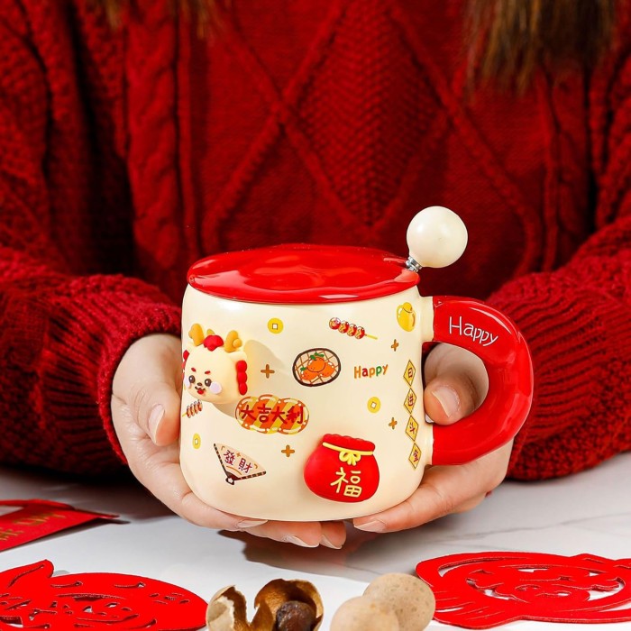 Christmas Ceramic Red Mug With Spoon and Lid