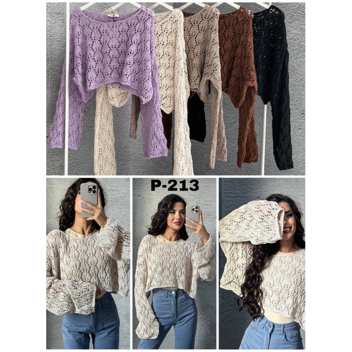  Women's Fashion  Knit Top Long Sleeve Crochet