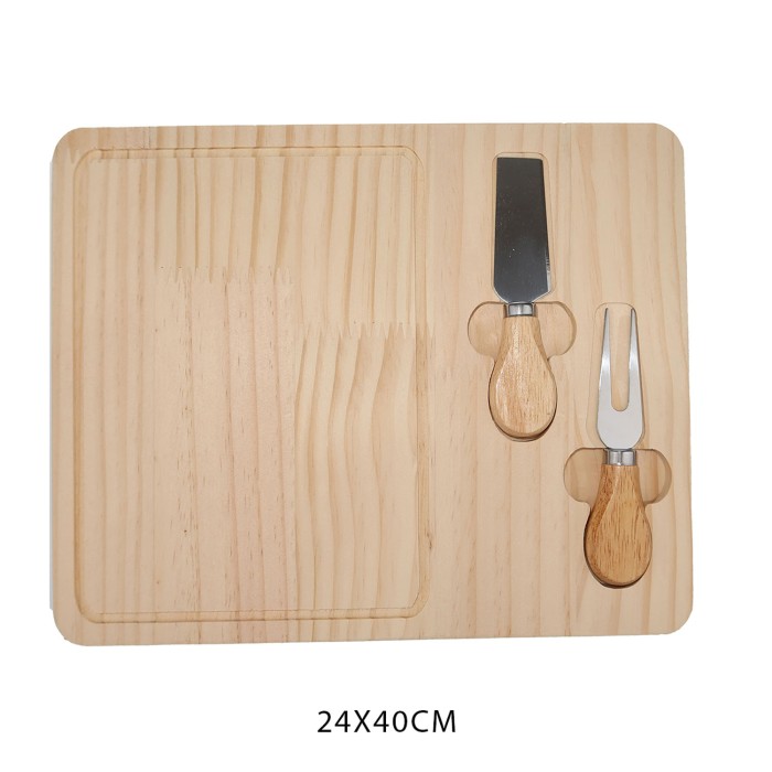 Rectangular Wooden Cheese Plate with a Knife and a Fork