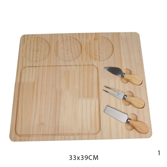 Rectangular Wooden Cheese Divided Plate with its Knife and Fork Accessories