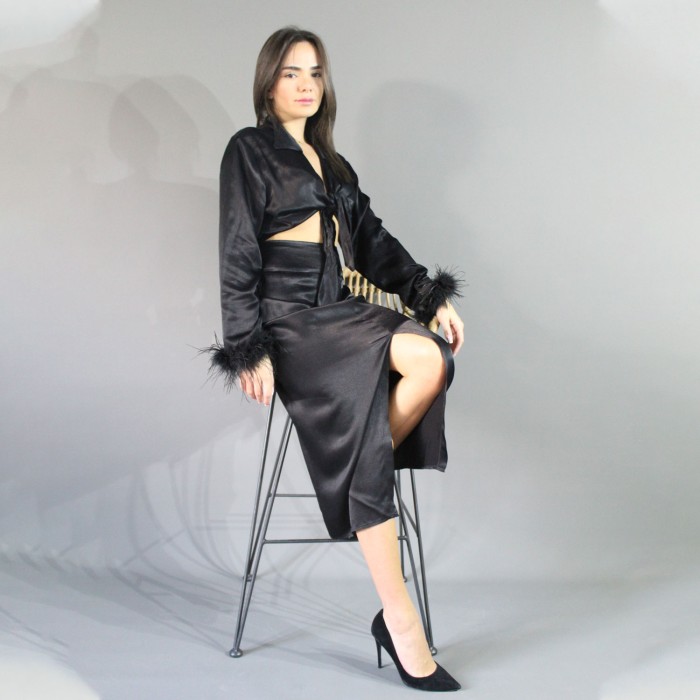 Women's Fashion Black Satin Skirt and Top Set