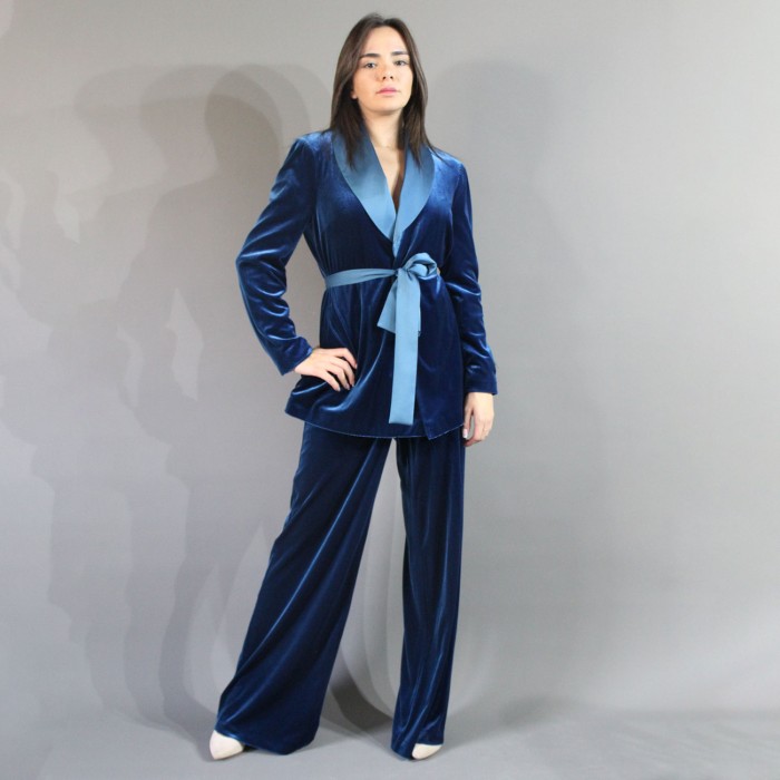 Women Light Navy Blue Velvet Set Pants and Jacket